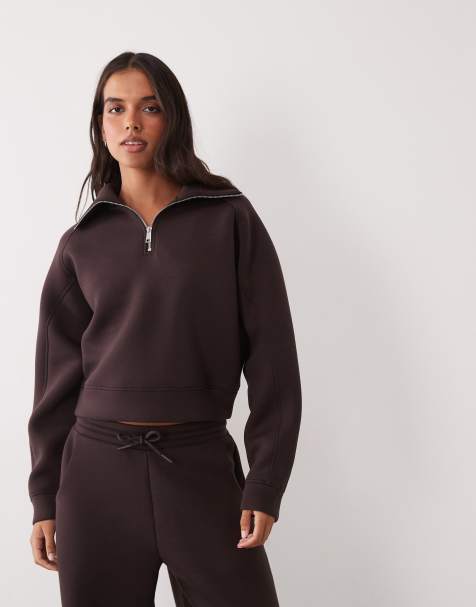 4505 Rest Day 1/4 zip sculpted volume sweat in scuba-style fabric in chocolate brown - view 1