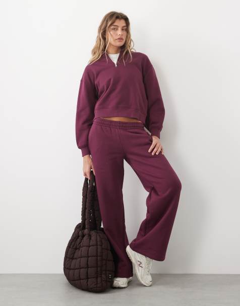 4505 Rest Day 400gsm heavyweight cotton 1/4 zip cocoon sweat and wide leg joggers in wine - view 1