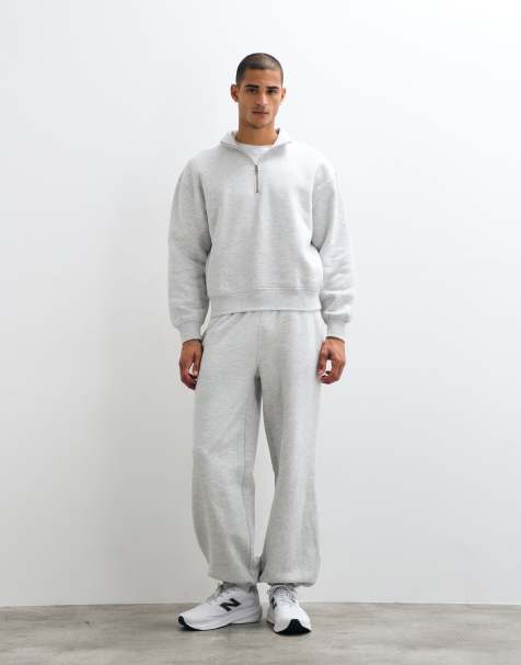 4505 Rest Day 400gsm heavyweight cotton loose fit cuffed trackies in light grey marl - view 1