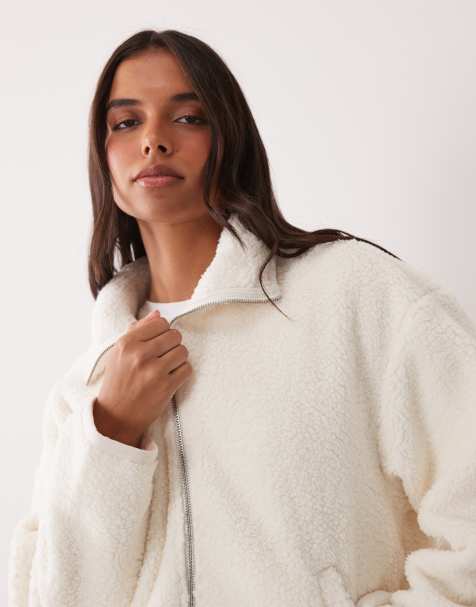 4505 Rest Day funnel neck boxy borg fleece with zip pockets in cream - view 1