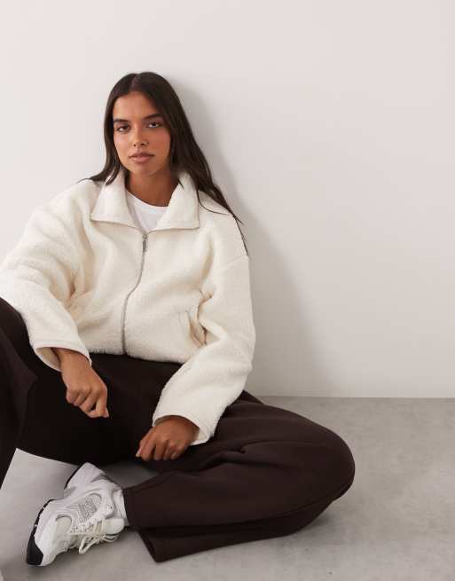 4505 Rest Day funnel neck boxy borg fleece with zip pockets in cream, 2 of 4