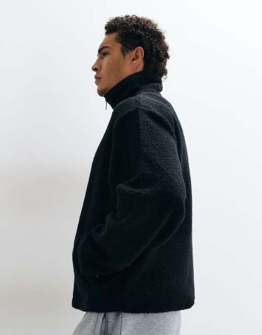 4505 Rest Day funnel neck boxy fit borg fleece with zip pockets in black, 3 of 5