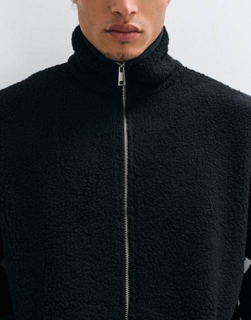 4505 Rest Day funnel neck boxy fit borg fleece with zip pockets in black, 5 of 5