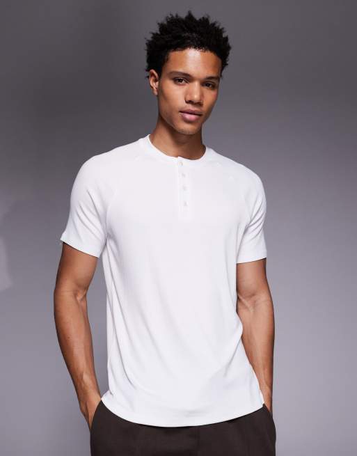 4505 - Rest Day - Geribbeld slim-fit Henley T-shirt van modal in wit
