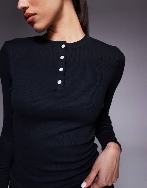 4505 - Rest Day - Geribbelde ultrazachte Henley top van modal met lange mouwen in zwart, 2 van 4