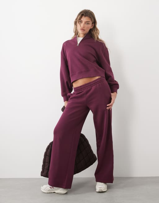4505 - Rest Day - Ensemble sweat coupe cocon à col zippé en coton épais 400 g/m² et pantalon de jogging large - Lie-de-vin, 2 de 3
