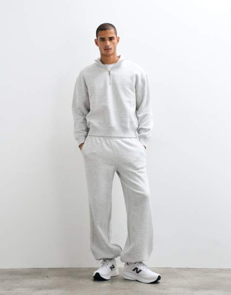 4505 – Rest Day – Ljusgråmelerat set i kraftig bomull med boxig sweatshirt med 1/4-lång dragkedja och lediga mjukisbyxor med muddar, 400gsm - view 1