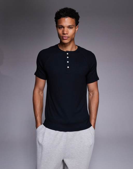 4505 Rest Day modal rib knit slim fit raglan henley t-shirt in black