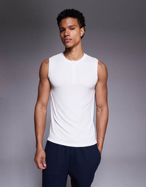 4505 Rest Day modal rib slim fit henley tank in white