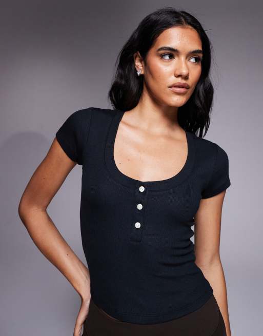 4505 Rest Day modal ribbed cropped baby henley T-shirt in black
