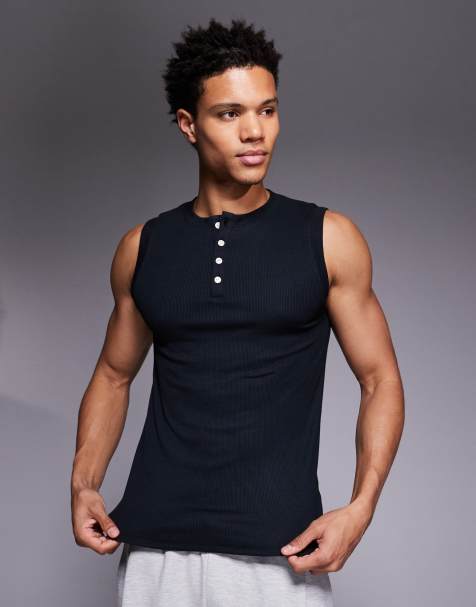 4505 - Rest Day - Slim-fit geribbelde Henley tanktop van ultrazacht modal in zwart - view 1