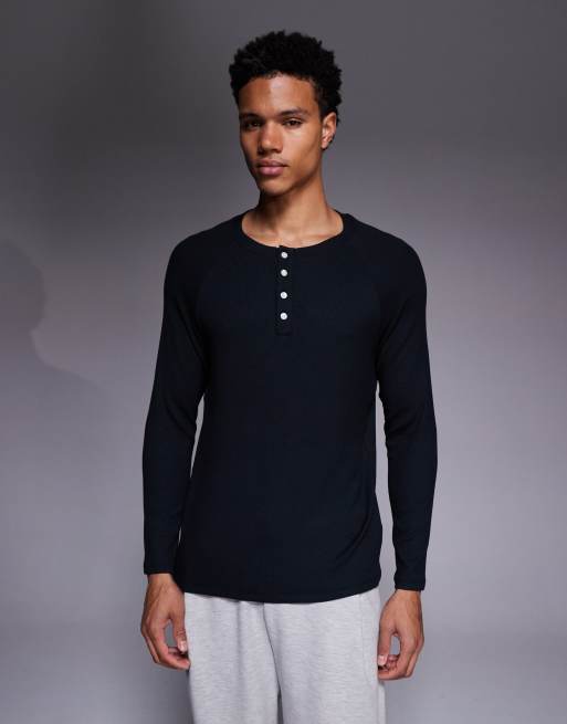 4505 - Rest Day - Sort henley-T-shirt med slim fit-pasform og lange raglanærmer i ribstrikket modal