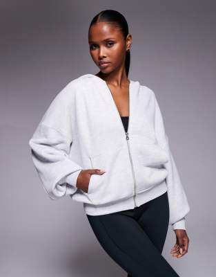 4505 - Rest Day - Sweat à capuche oversize en coton épais 420gsm avec fermeture éclair et manches cocon - Gris clair chiné