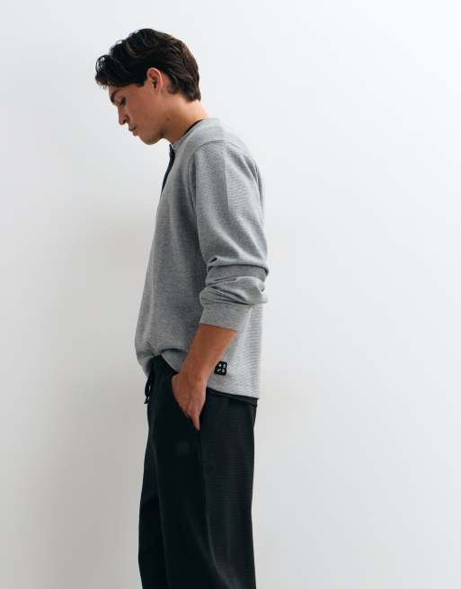 4505 Rest Day T-shirt henley a maniche lunghe in tessuto piqué grigio mélange, 5 di 5