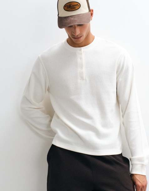 4505 Rest Day t-shirt serafino a maniche lunghe in tessuto a nido d'ape bianco sporco - view 1
