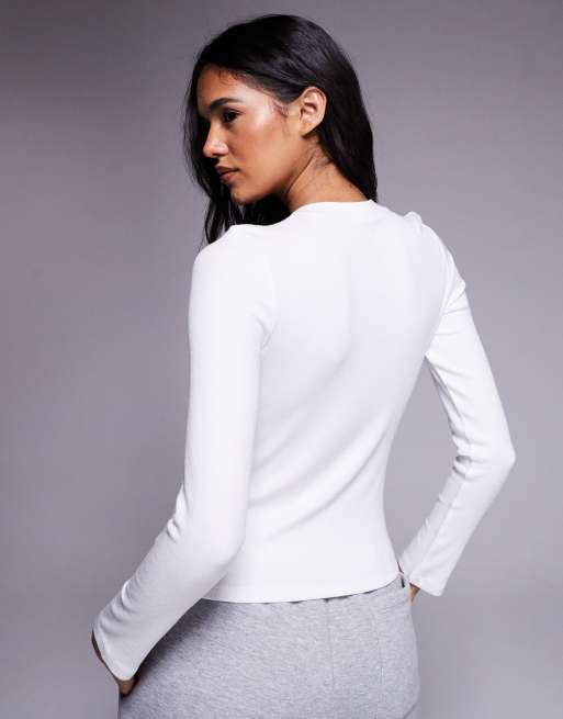4505 - Rest Day - Top à manches longues en modal côtelé ultra doux avec col boutonné - Blanc, 3 de 4