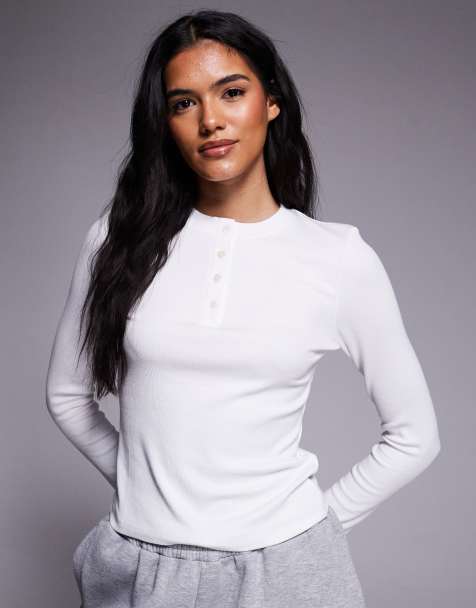 4505 Rest Day ultra soft modal rib long sleeve henley top in white - view 1
