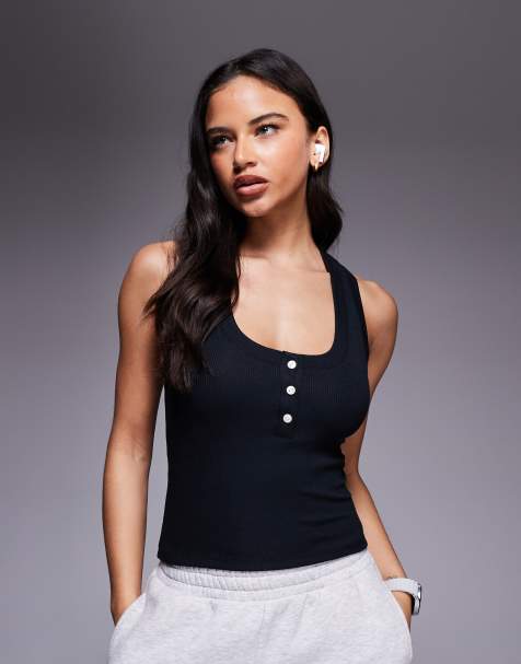 4505 Rest Day ultra soft modal rib scoop neck henley singlet in black - view 1