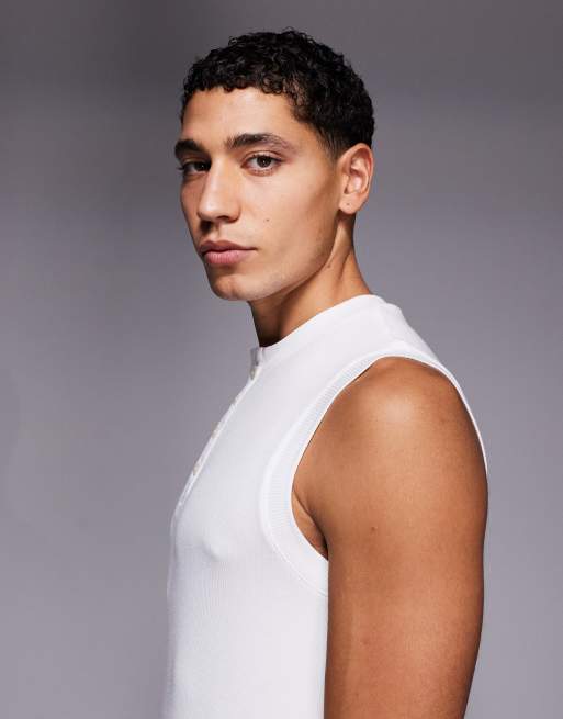 4505 Rest Day ultra soft modal rib slim fit henley tank in white, 4 of 5