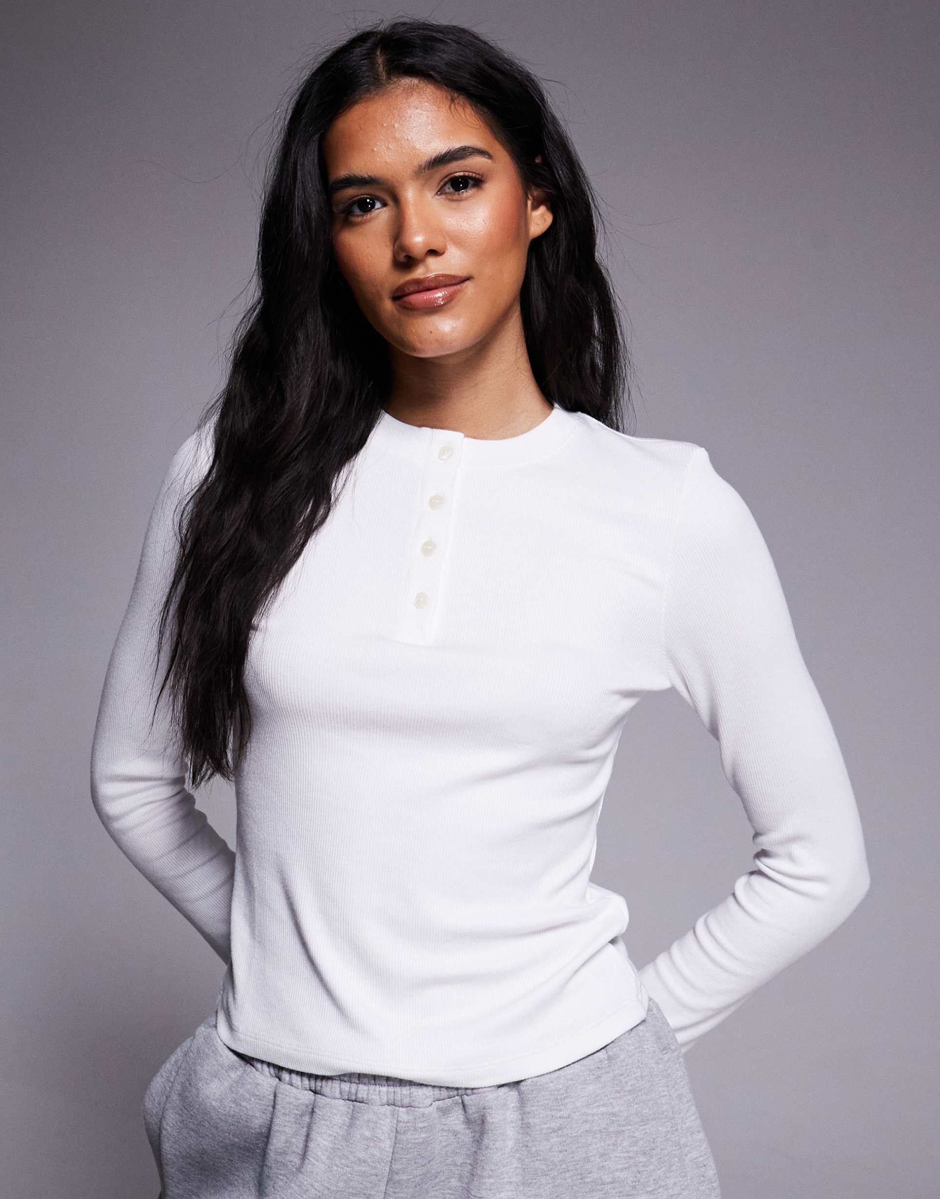 4505 rest day ultra soft modal ribbed long sleeve henley top in white