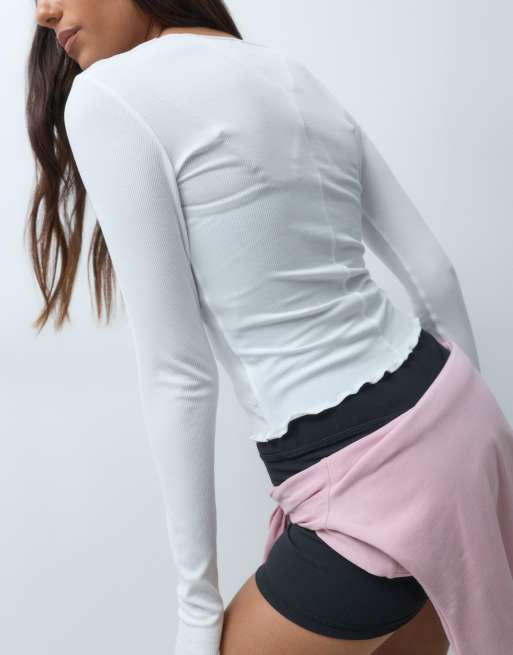 4505 ribbed long sleeve seam front layering top with boat neck in white, 3 of 5