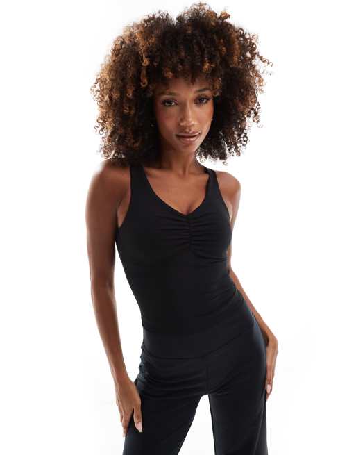 4505 ruched front tank top with shelf bra in black 