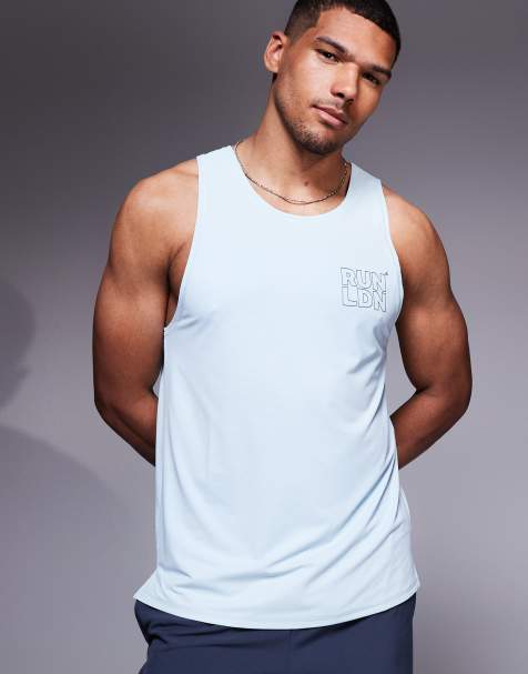 4505 RUN LDN chest print mesh running tank top in pale blue - view 1