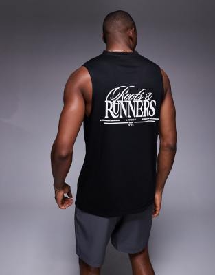 4505 Running back print loose fit mesh tank in black