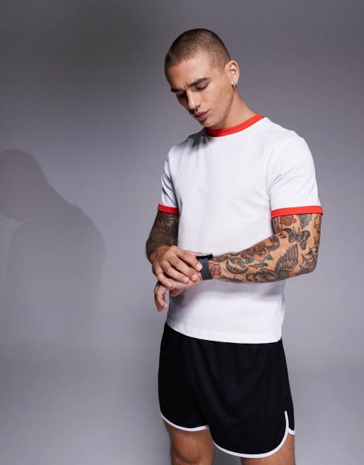 4505 – Running – Biały szybkoschnący T-shirt bawełniany o obcisłym kroju z kontrastową lamówką