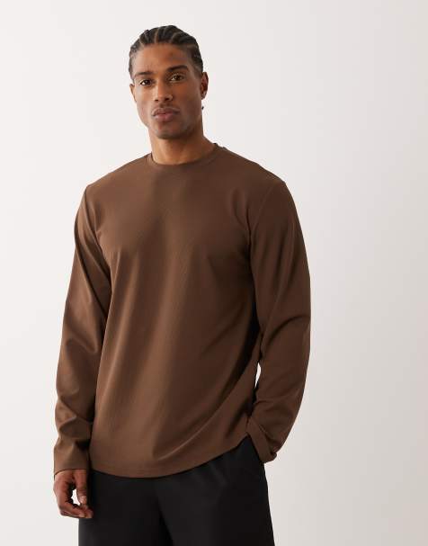 4505 running quick dry performance waffle long sleeve top with curved hem in brown - view 1