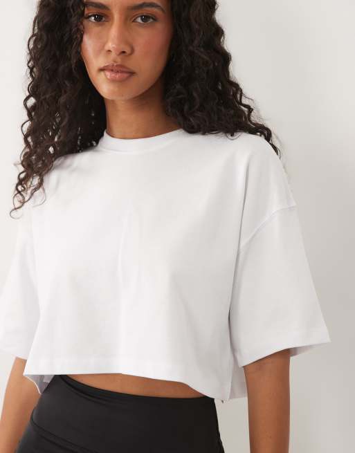 4505 schweres Baumwoll-Cropped-T-Shirt mit Rückenprint in Weiß, 3 von 4