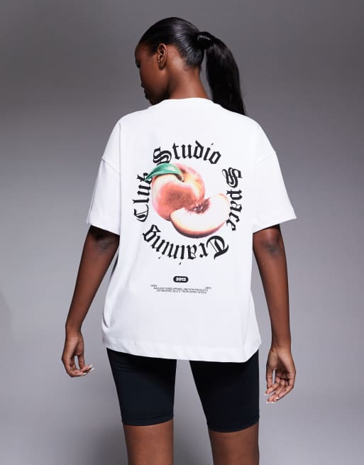 4505 – Schweres Oversize-T-Shirt aus Baumwolle in Weiß mit Pfirsich-Print am Rücken, 3 von 4