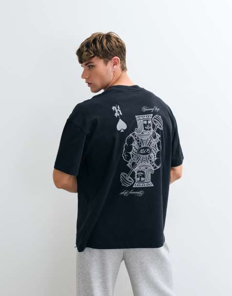 4505 schweres Oversize-T-Shirt aus Baumwolle mit Rückenprint in verwaschenem Schwarz - view 1