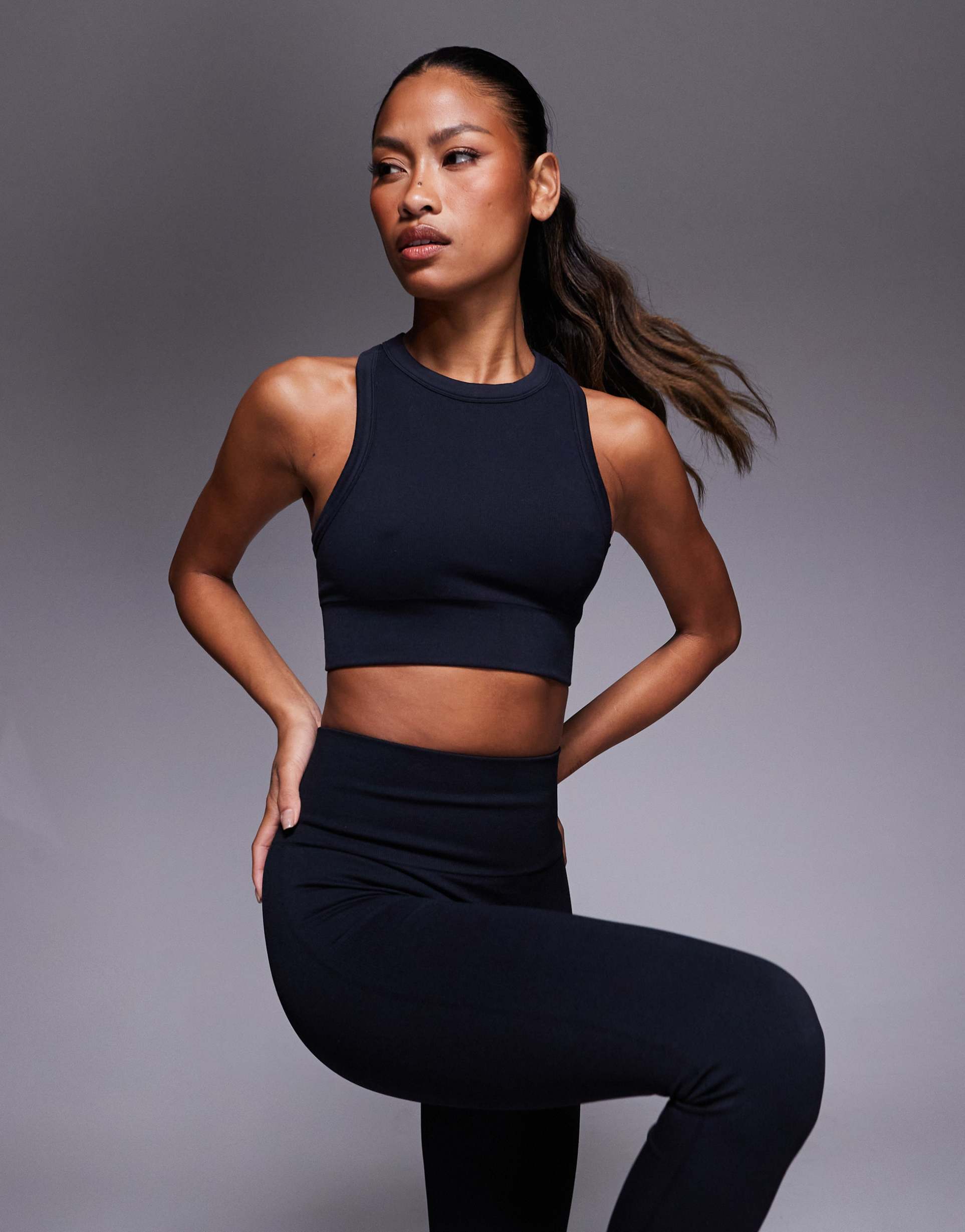 4505 seamless baby rib knit racer back high neck tank top in black