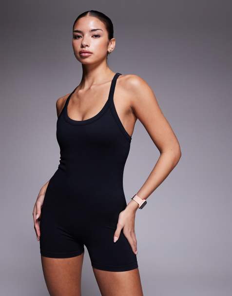 4505 seamless baby rib knit racer back romper with adjustable straps and shelf bra in black - view 1