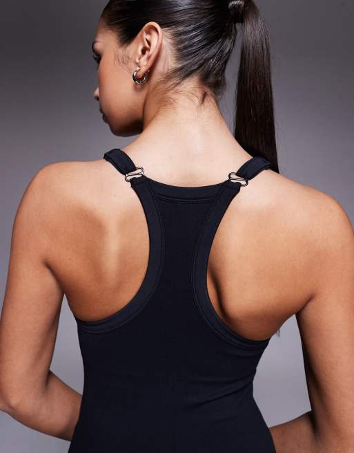 4505 seamless baby rib racer back romper with adjustable straps and inner bra in black, 2 of 4