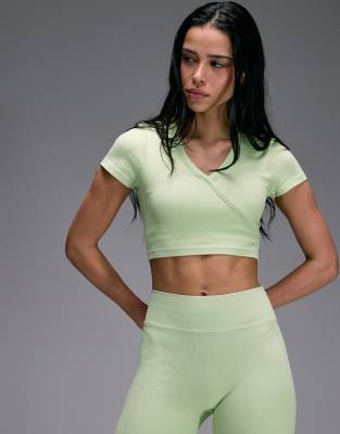 4505 Seamless Baby Rib Wrap Front Short Sleeve Top In Green