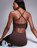 [ASOS] 4505 seamless contour medium support cross back sports bra with removable padding in brown XS Brown