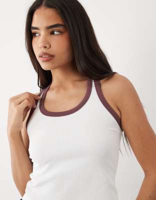 4505 Seamless Lightweight Ribbed Racer Tank Top With Contrast Binding In White