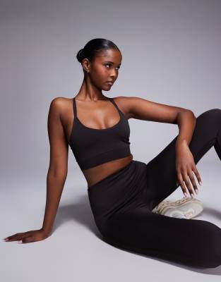 4505 seamless multi strap medium support sports bra with removable padding in dark chocolate-Brown