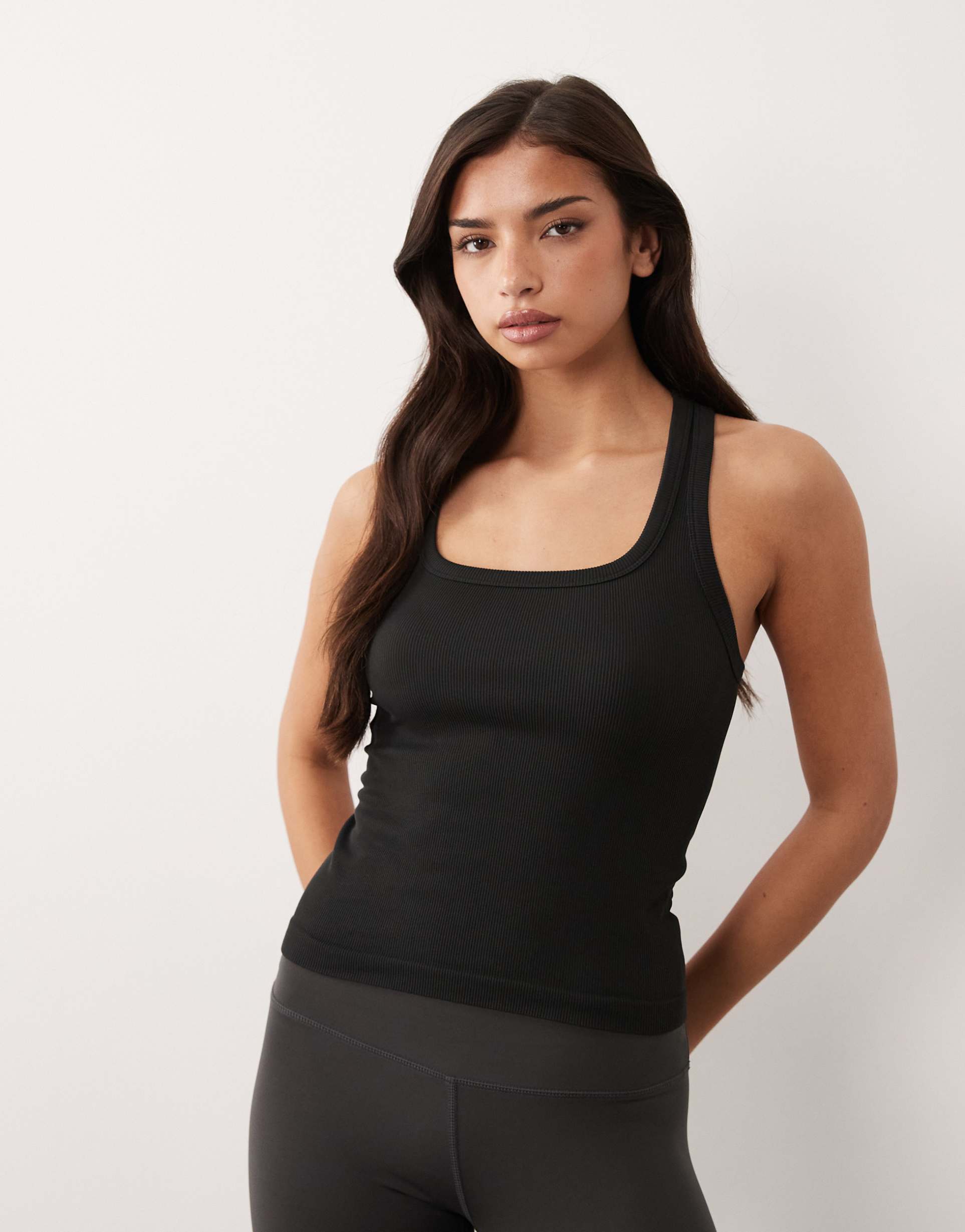 4505 seamless rib knit scoop neck tank top with racer back in black