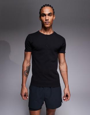 4505 Seamless Rib Knit Slim Fit Henley T-shirt In Black