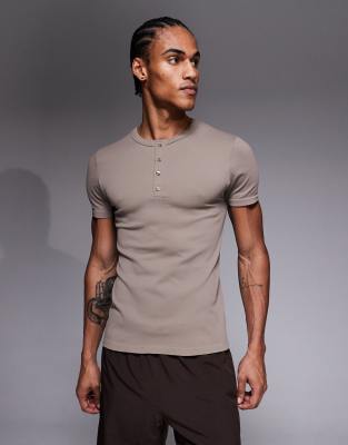 4505 Seamless Rib Knit Slim Fit Henley T-shirt In Neutral