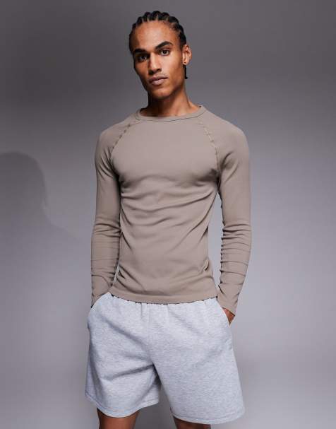 4505 seamless rib knit slim fit long sleeve raglan top in stone - view 1