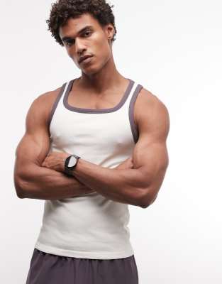 4505 Seamless Rib Knit Slim Fit Tank Top With Contrast Binding In White