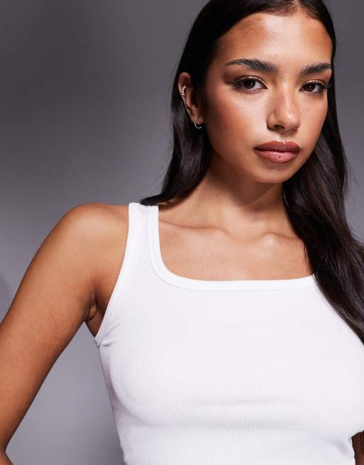 4505 seamless rib knit square neck cropped active tank top in white, 3 of 4