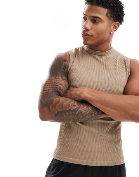4505 Seamless rib muscle fit training tank in taupe grey  - view 1