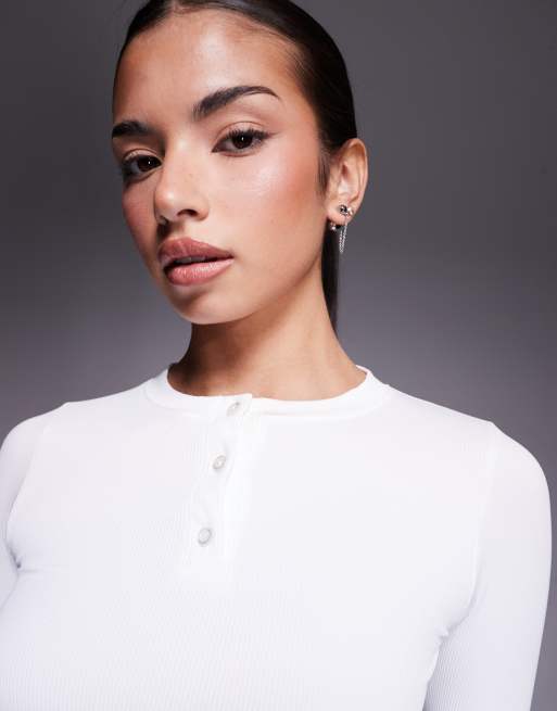 4505 seamless rib quick dry long sleeve henley layering top in white, 3 of 4