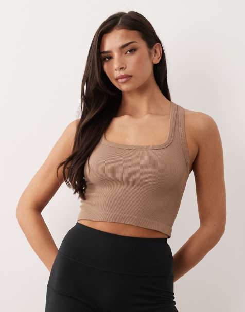 4505 seamless rib scoop neck cropped singlet with racer back in fawn - view 1