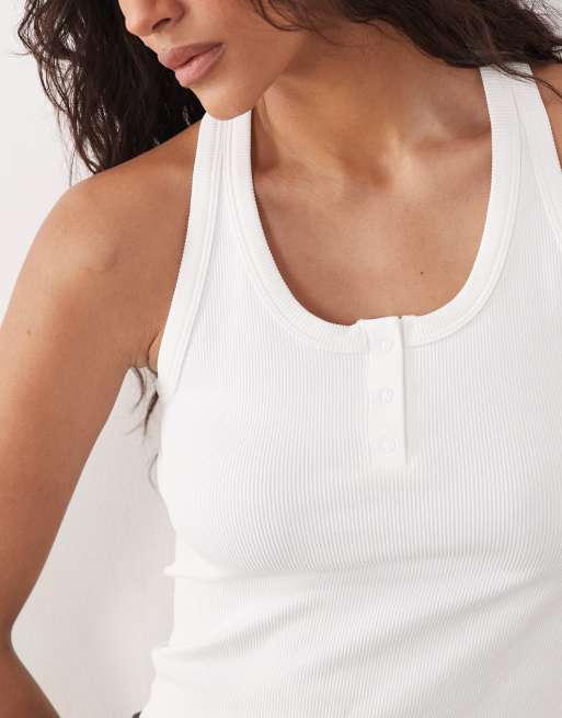 4505 seamless rib scoop neck henley singlet with racer back in white, 2 of 4